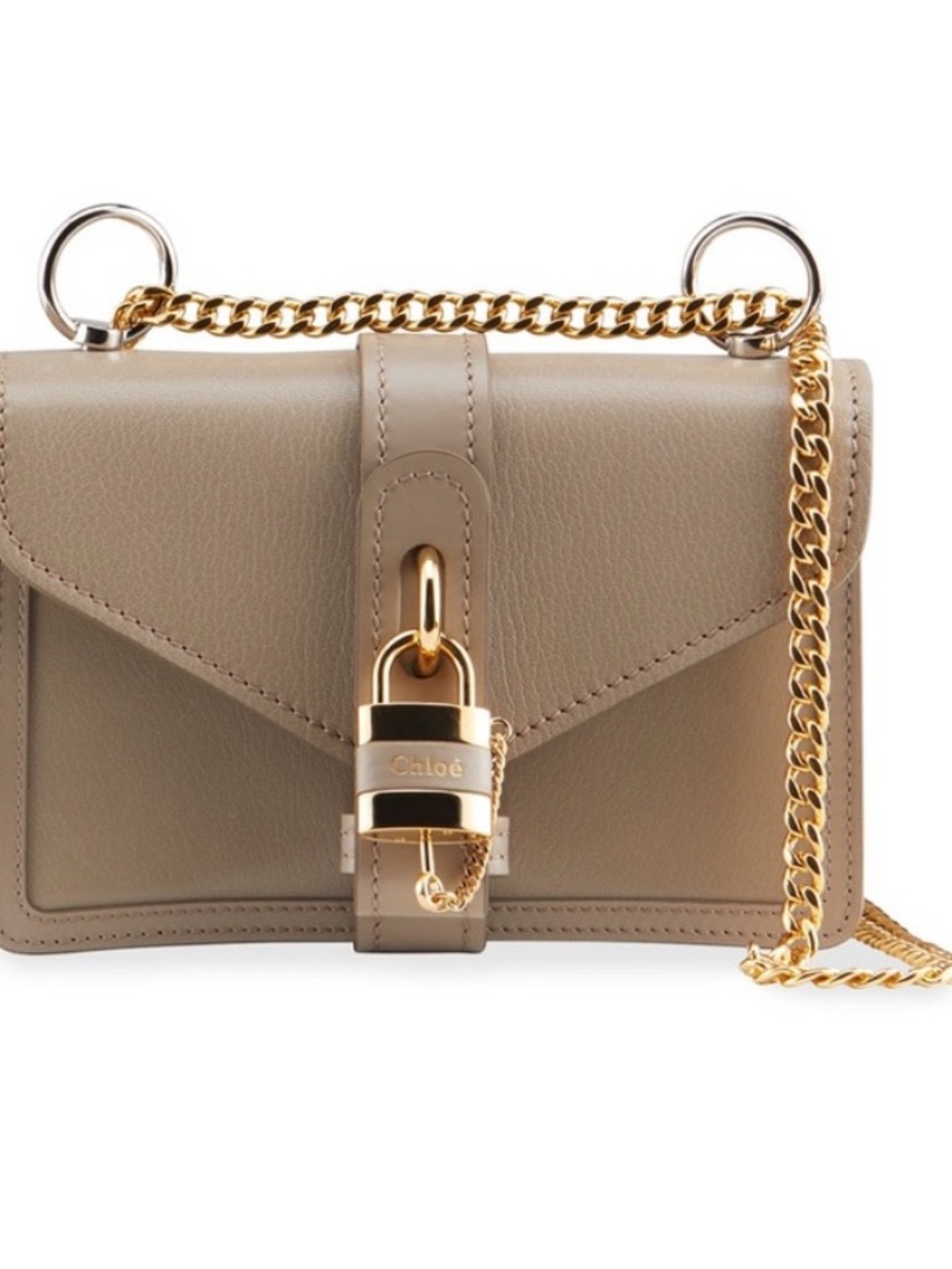 Chloé Taupe Leather Crossbody with Gold Chain and Padlock